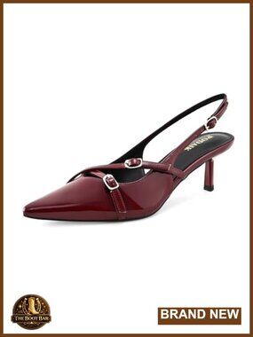 Kitten Heel Pointed Toe Slingback Pumps Faux Leather Buckle Dress Shoes
